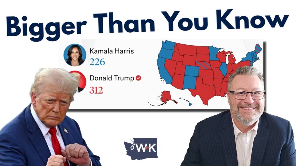 A graphic titled "Bigger Than You Know" shows a map of the United States with states colored red and blue. It lists Kamala Harris with 226 and Donald Trump with 312. Two men are pictured, one in a suit and one resembling a public figure.