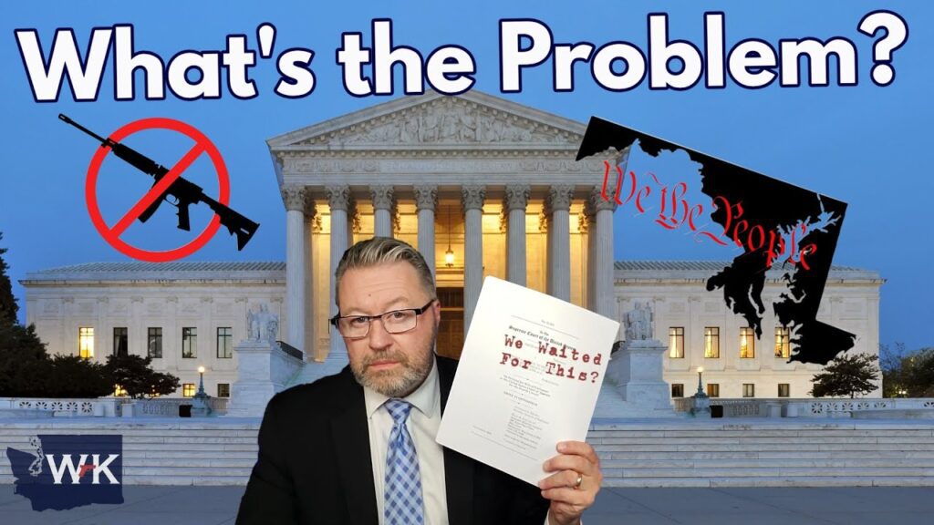 A man in a suit holds a document titled "We Waited for This?" against a backdrop of the U.S. Supreme Court. Text reads "What's the Problem?" with images of a crossed-out rifle and "We the People" text on the side.