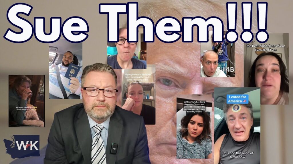 A man in a suit sits in front of a collage of people shown in video call snapshots. Large text above reads "Sue Them!!!". Various reactions are displayed by the individuals on the screen.