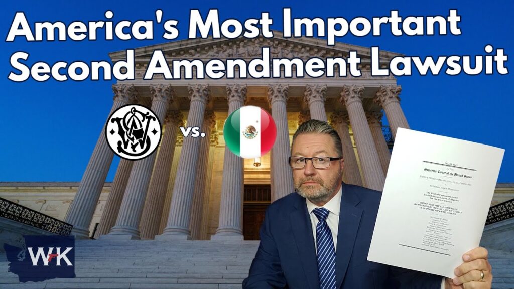 A man in a suit holds a legal document in front of the U.S. Supreme Court building. Text reads "America's Most Important Second Amendment Lawsuit" with logos of Smith & Wesson and the Mexican flag.