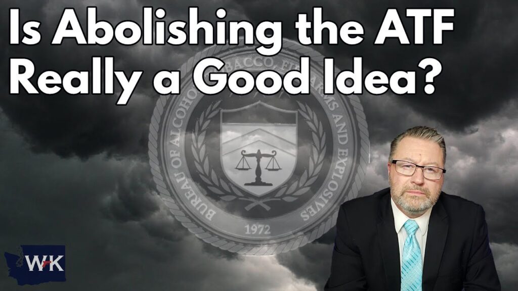 Man with glasses and a suit sits in front of a stormy sky backdrop with the ATF emblem. Text reads, "Is Abolishing the ATF Really a Good Idea?.