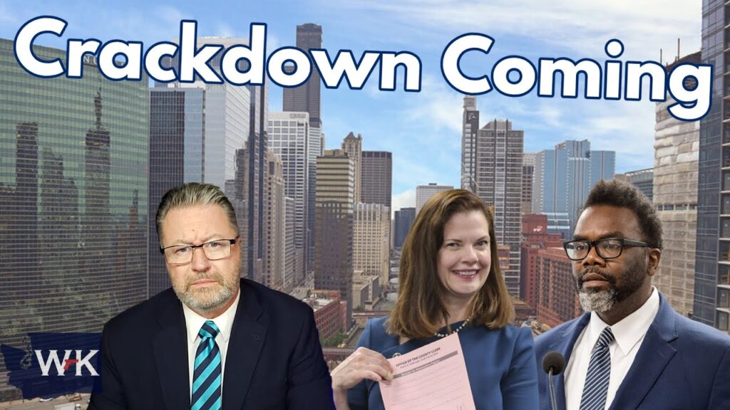 A man in a suit and glasses, a woman holding a document, and another man with glasses and a beard, stand in front of a city skyline under the text "Crackdown Coming.