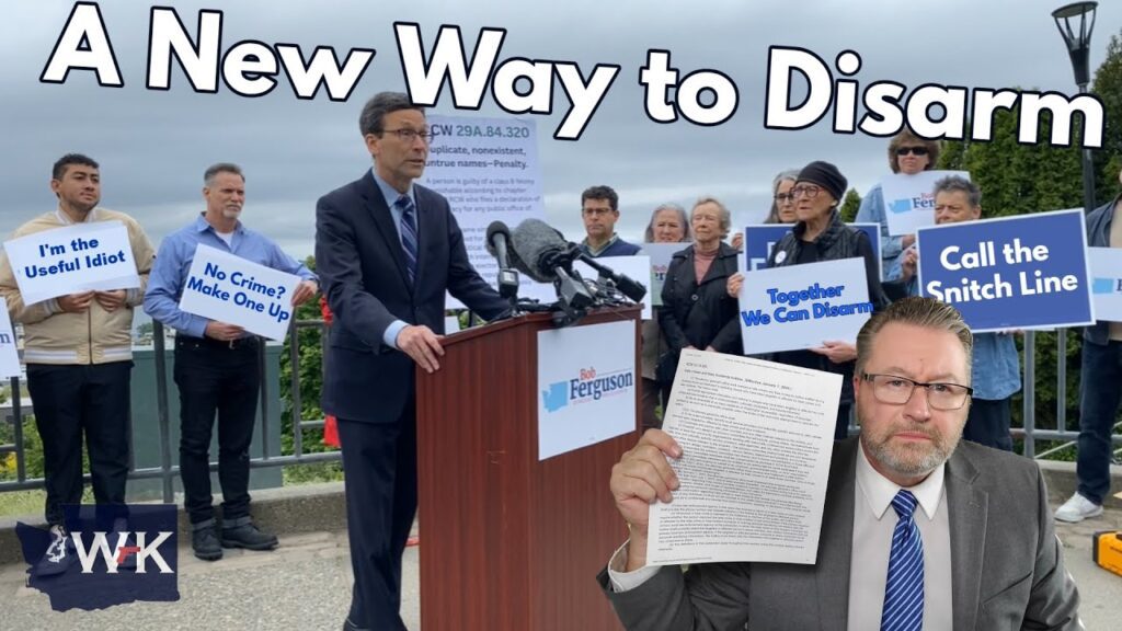 A group of people stand outdoors at a press conference with a man speaking at a podium. Signs display phrases like "Call the Snitch Line" and "No Crime? Make One Up." Text reads "A New Way to Disarm." A person holding a document is shown in the foreground.