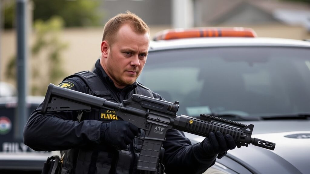 A man in a tactical uniform stands near a vehicle, holding a rifle. The uniform has visible patches and he is wearing gloves. The background features a blurred vehicle and a building.