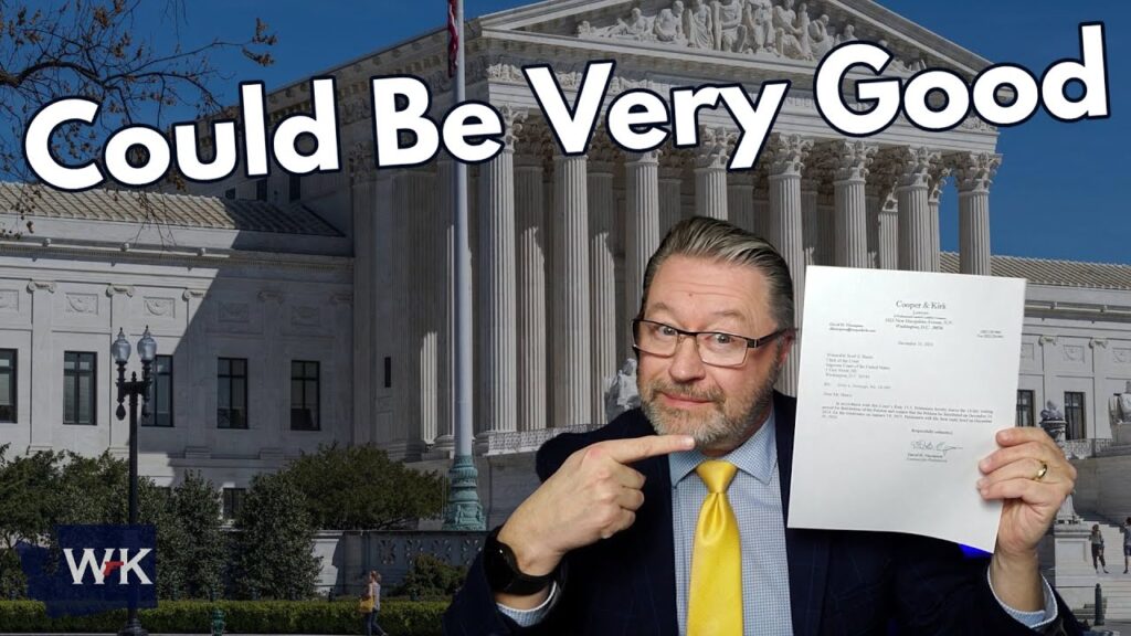 A person with a beard and glasses is holding a printed document and pointing at it. The background features a large building, possibly a courthouse. Text at the top reads "Could Be Very Good.