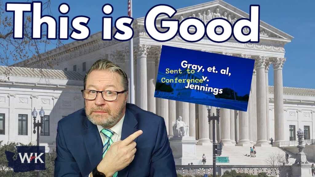 A man in a suit points towards text overlaid on an image of a large courthouse. The text reads "This is Good" and "Gray, et. al, Sent to Conference: Jennings.