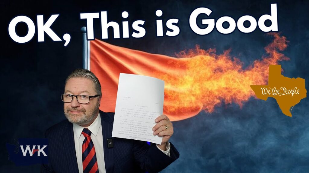 A man in a suit holds a document against a backdrop with a flaming red flag and the outline of Texas with "We the People" written on it. The text above reads "OK, This is Good.