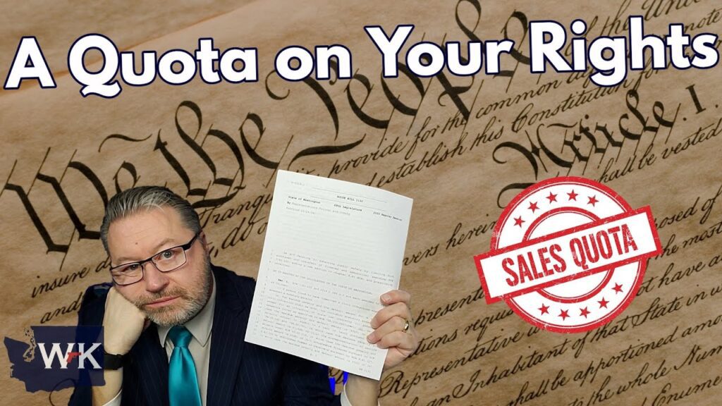 A man in a suit holds a document, sitting next to an image of the U.S. Constitution. The text reads "A Quota on Your Rights" and a red stamp graphic says "Sales Quota." The WK logo is displayed in the bottom left corner.