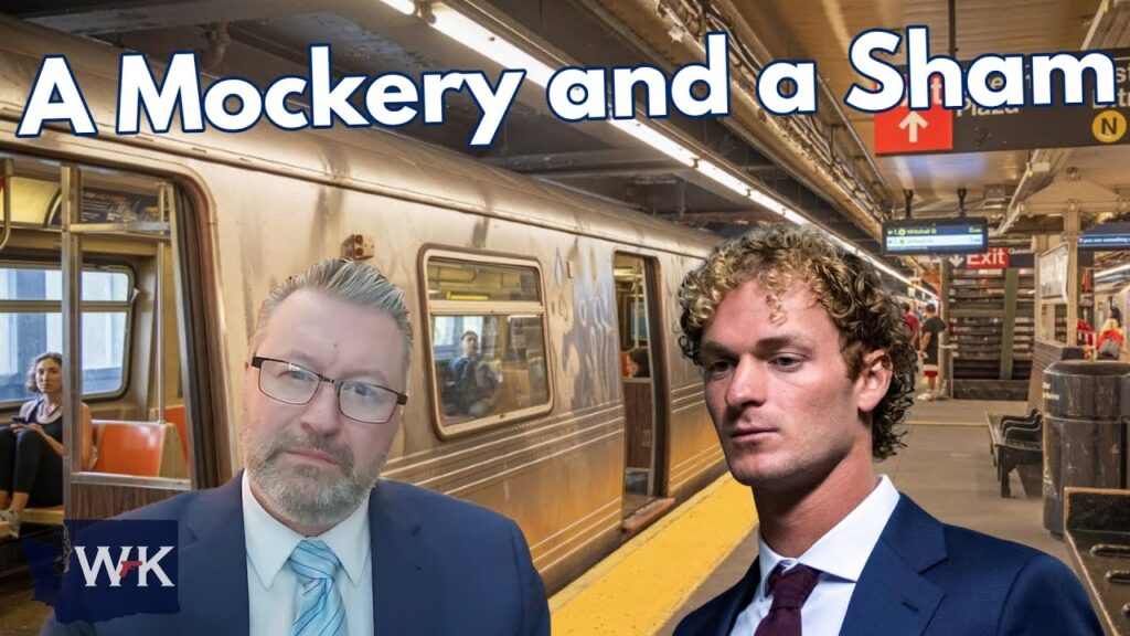 Two men in suits stand on a subway platform next to a train. The background shows a subway station with passengers. The text at the top reads, "A Mockery and a Sham.