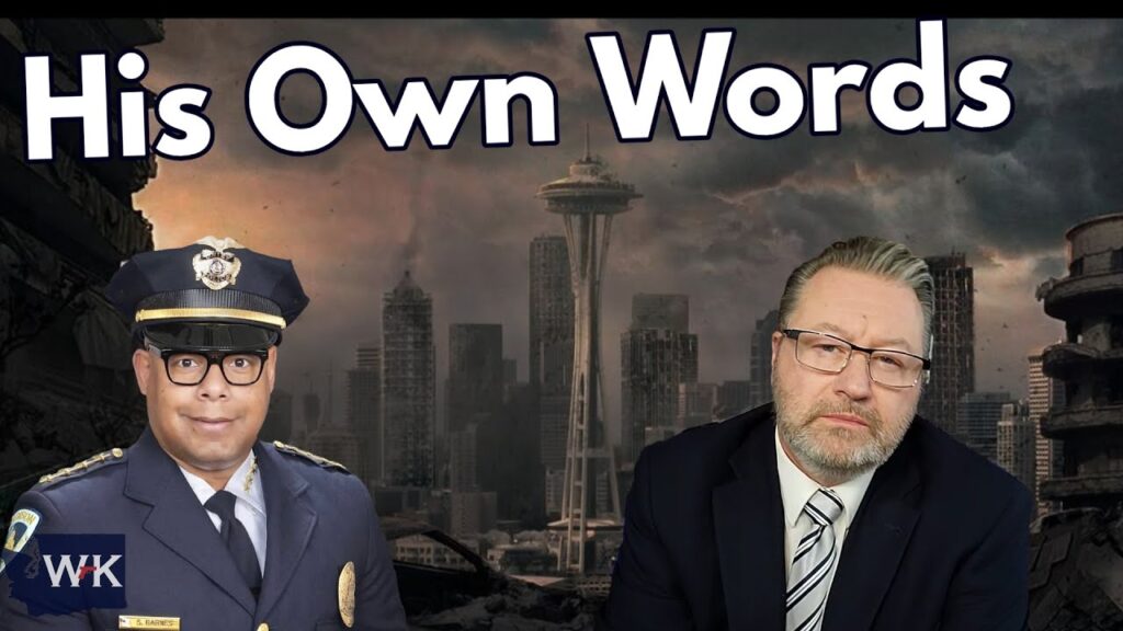 A man in a suit and glasses sits beside a man in a police uniform. The background shows a city skyline with tall buildings and a foreboding sky. The text reads "His Own Words" at the top.