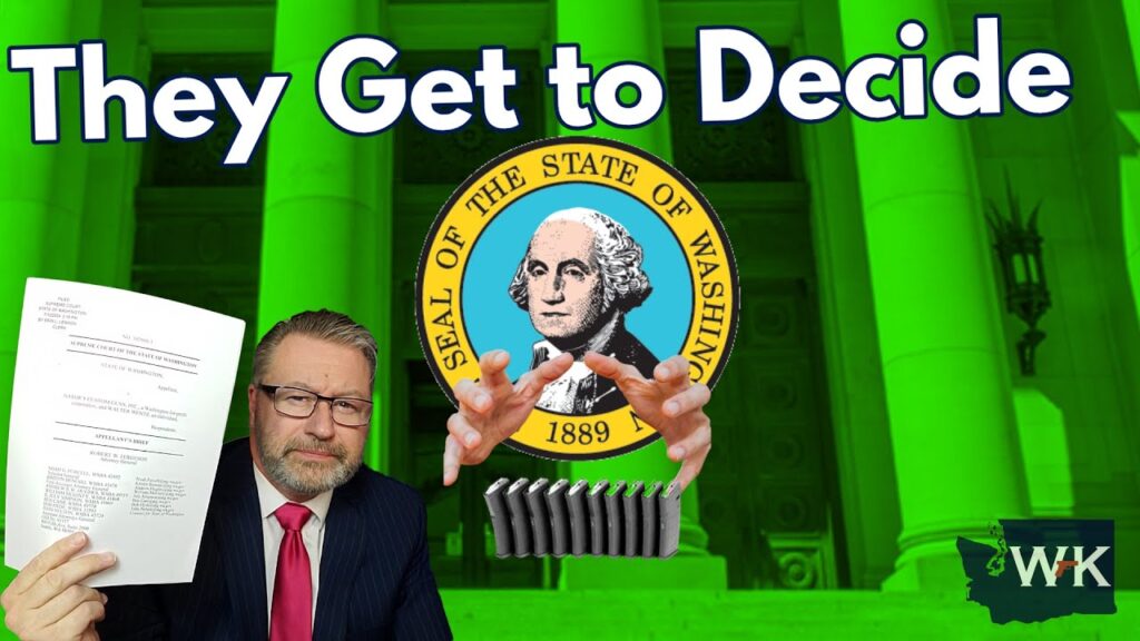 A man in a suit holds documents in front of a green-lit building with the Washington state seal. Above him, text reads, "They Get to Decide." Hands reach toward a small fence-like structure. Logo "WK" is seen in the corner.