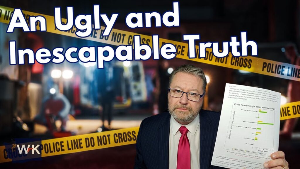 A man in a suit holds a chart in front of a crime scene with police tape in the background. The text on the image reads, "An Ugly and Inescapable Truth.