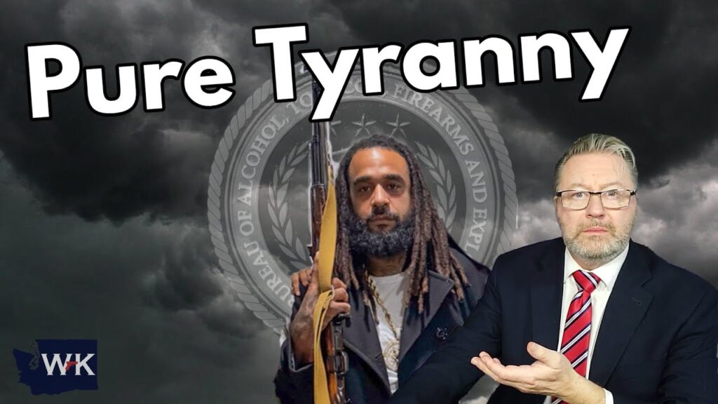 A man with dreadlocks holds a firearm. Another man in a suit gestures with one hand. The background features dark storm clouds and a logo for the Bureau of Alcohol, Tobacco, Firearms and Explosives. The text reads "Pure Tyranny" at the top.