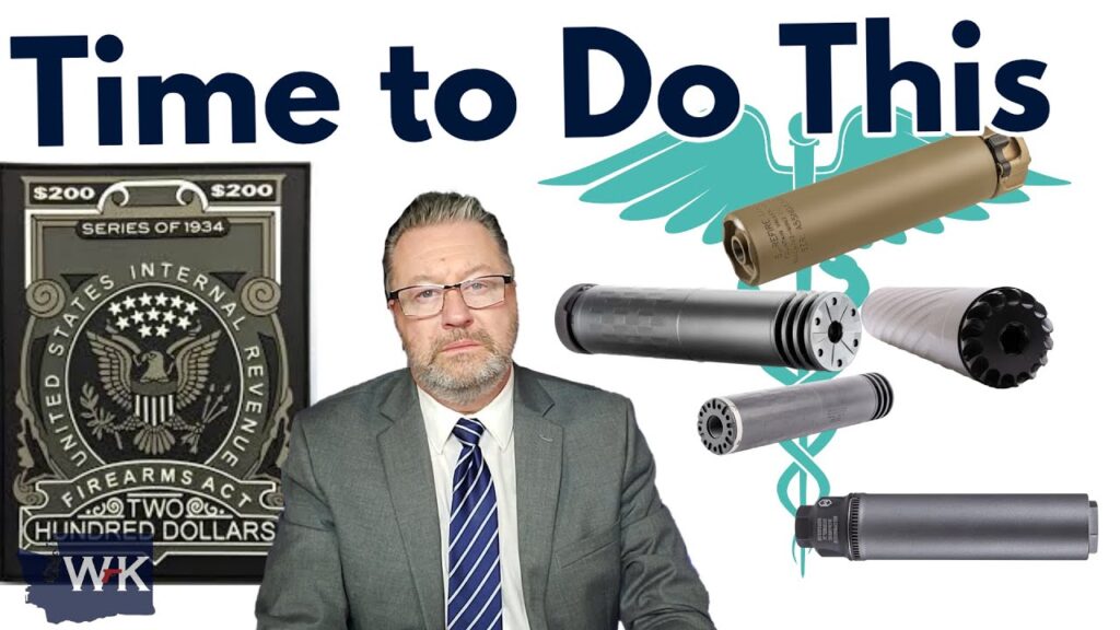 A man in a suit and tie sits between a United States Internal Revenue $200 stamp and various gun suppressors. The text "Time to Do This" is above, and a caduceus symbol is in the background.