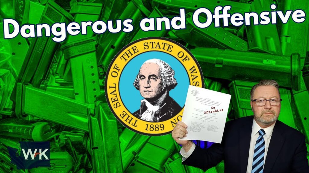 A man in a suit holds a document titled "So Offensive" in front of a backdrop featuring the Seal of Washington State and numerous gun magazines. The text "Dangerous and Offensive" is displayed at the top.