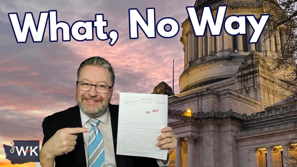 A man in a suit and tie points at a document with "No 1883" written on it. The background features a large building with a dome at sunset. The text reads, "What, No Way." A logo with the initials "WK" is in the corner.