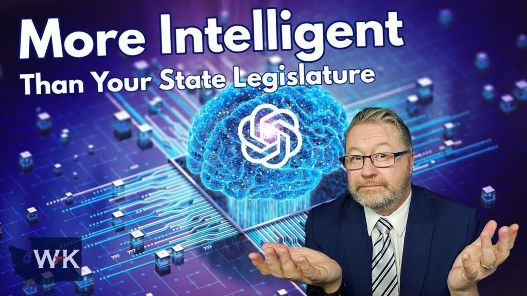 A person in a suit shrugs under text reading "More Intelligent Than Your State Legislature." In the background, there's a digital brain with circuitry and a hexagonal logo at the center.