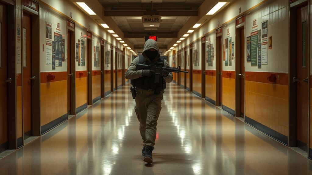 A person wearing a hood and mask carries a rifle while walking down an empty, brightly lit hallway with doors on either side. The setting appears to be indoors, with reflective floors and fluorescent lighting.