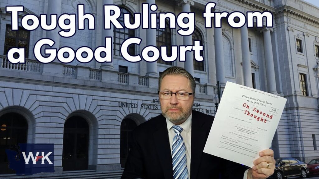 A man in a suit holds a document while standing in front of a courthouse backdrop. The text "Tough Ruling from a Good Court" appears at the top of the image. A logo with "WK" is visible in the bottom left corner.