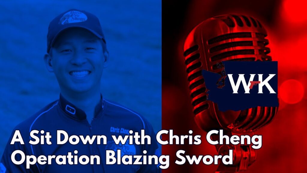 Split image with a smiling person on the left wearing a cap and a jacket, and a red-toned vintage microphone on the right. The text reads: "A Sit Down with Chris Cheng Operation Blazing Sword" and a logo with "WK" overlaying a map.