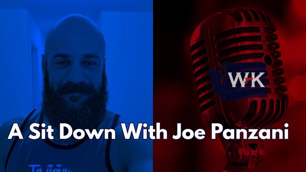 Alt text: A split image with a man with a beard on the left in a blue filter and a close-up of a vintage microphone on the right with a red filter. The text reads "A Sit Down With Joe Panzani.