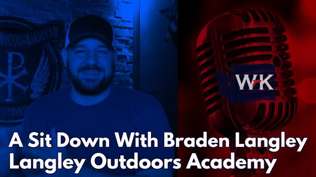 A man wearing a cap and sitting in front of a brick background is on the left. On the right, there's a red retro microphone and a blue logo. Text at the bottom reads, "A Sit Down With Braden Langley Langley Outdoors Academy.