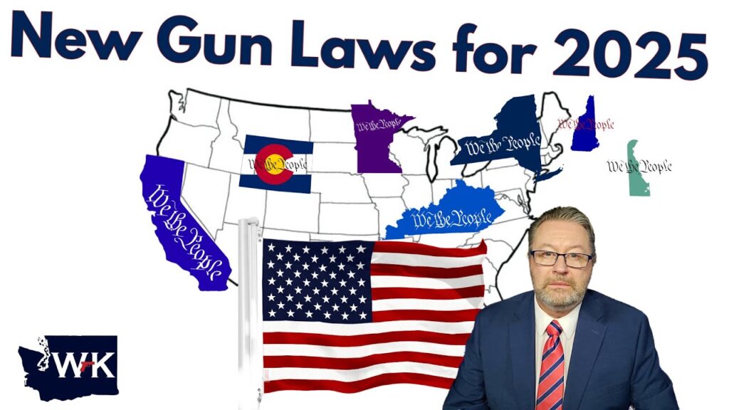 Map showing states with "New Gun Laws for 2025" and an American flag in the background. A man in a suit is pictured in the bottom right corner. States highlighted include California, Colorado, Washington, Minnesota, Illinois, Kentucky, and Delaware.