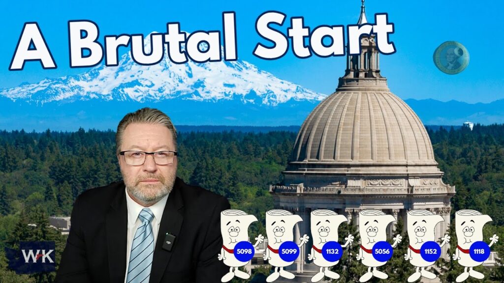 A man with glasses in a suit sits in front of a backdrop featuring a government building, mountains, and a blue sky. The text "A Brutal Start" appears above. Cartoon numbers 5099, 1132, 5056, 1152, and 1118 are at the bottom.
