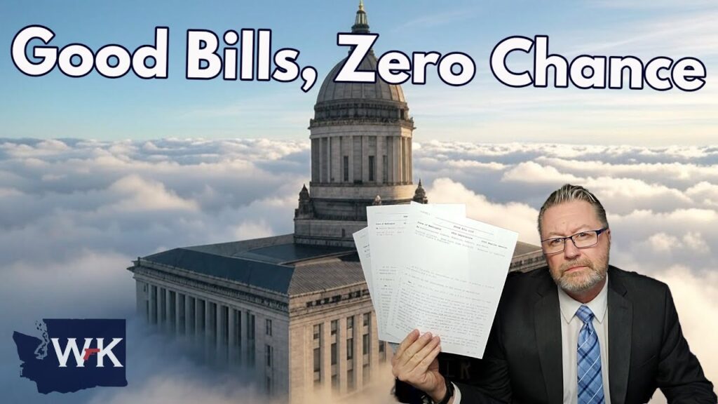 A man in a suit and glasses holds several pages in front of a building surrounded by clouds. The text "Good Bills, Zero Chance" is displayed at the top. A logo with "WHK" is in the bottom left corner.