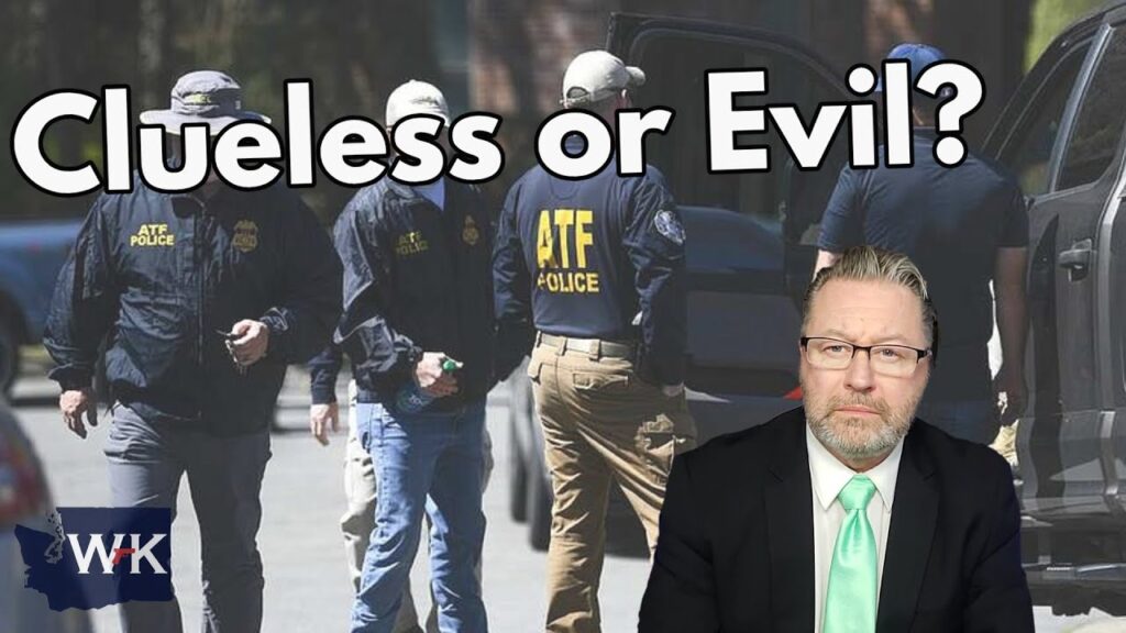 A group of ATF officers in jackets are gathered near a vehicle. A man in a suit with a teal tie is in the foreground. The text "Clueless or Evil?" is displayed at the top.