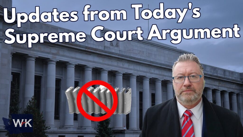 Man in a suit stands in front of a large courthouse. Text at the top reads "Updates from Today's Supreme Court Argument." There is a crossed-out stack of books icon next to the man. Logo with initials "WK" is in the bottom left corner.