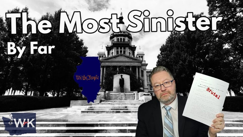 A man in a suit holds a document labeled "Brutal" in front of a grayscale courthouse. Overlaid text reads "The Most Sinister By Far." The image features an Illinois outline with "We the People" written on it.