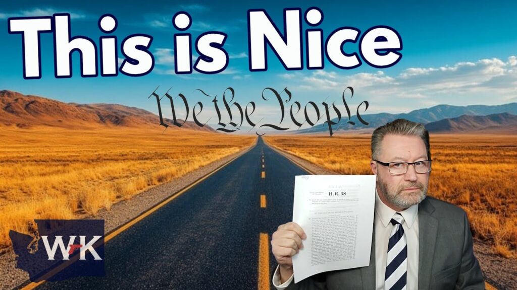A man in a suit holds a document labeled "H.R. 38." Behind him is a long, empty road through a desert landscape with mountains in the distance. The words "This is Nice" and "We the People" are displayed above.