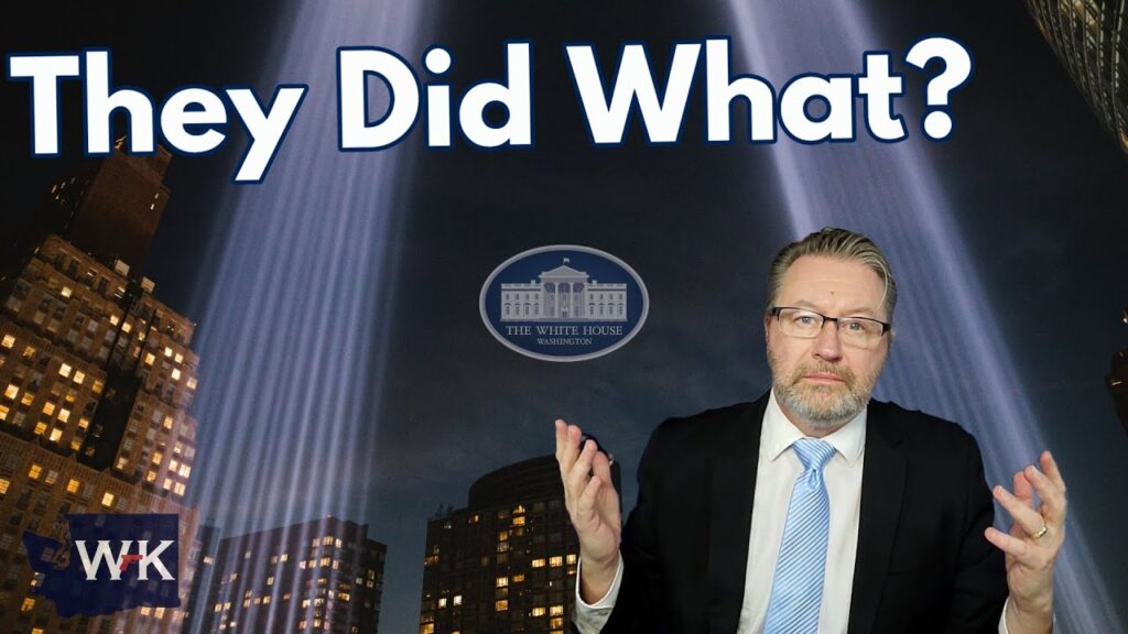 A man in a suit gestures with his hands in front of a cityscape at night, featuring two vertical beams of light. Overlay text reads "They Did What?" with a logo resembling the White House in the background.