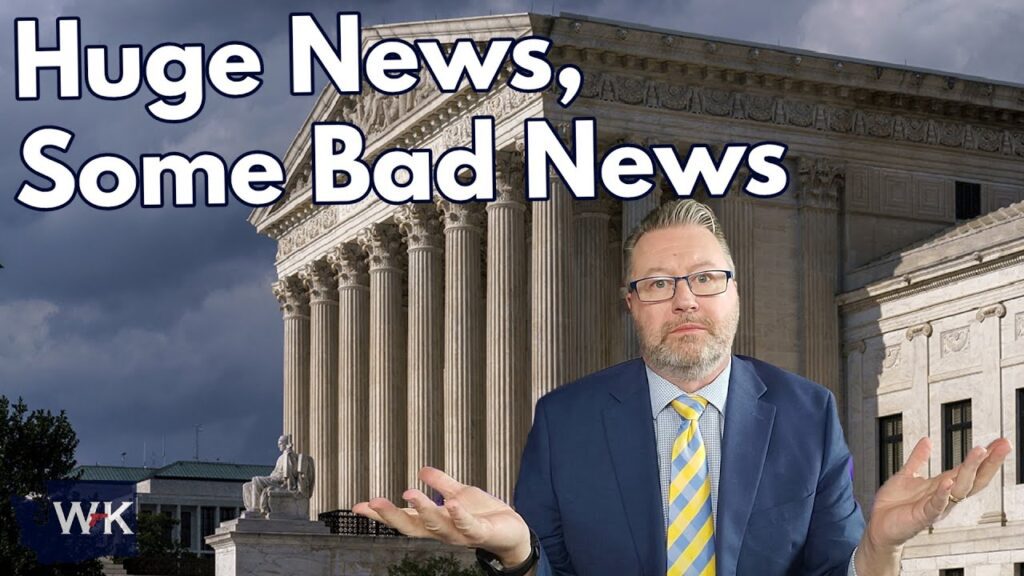A person in a suit stands in front of a building with large columns, shrugging. The text "Huge News, Some Bad News" is displayed at the top. A logo with "WK" is in the bottom left corner. The sky is cloudy.