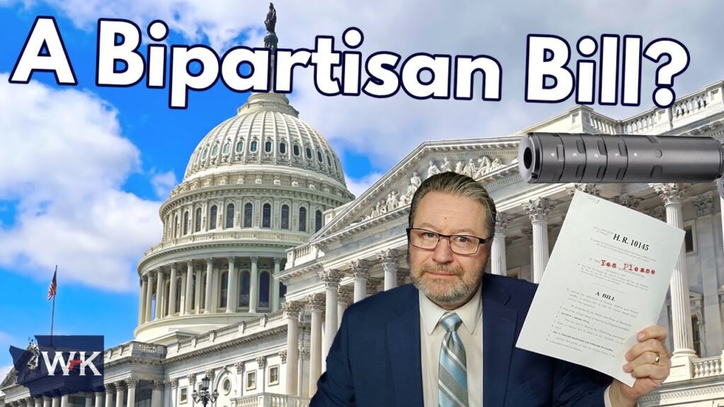 A person in a suit holds a paper labeled "H.R. 1015" in front of the U.S. Capitol building. A camera lens is positioned on the right. Text reads "A Bipartisan Bill?.