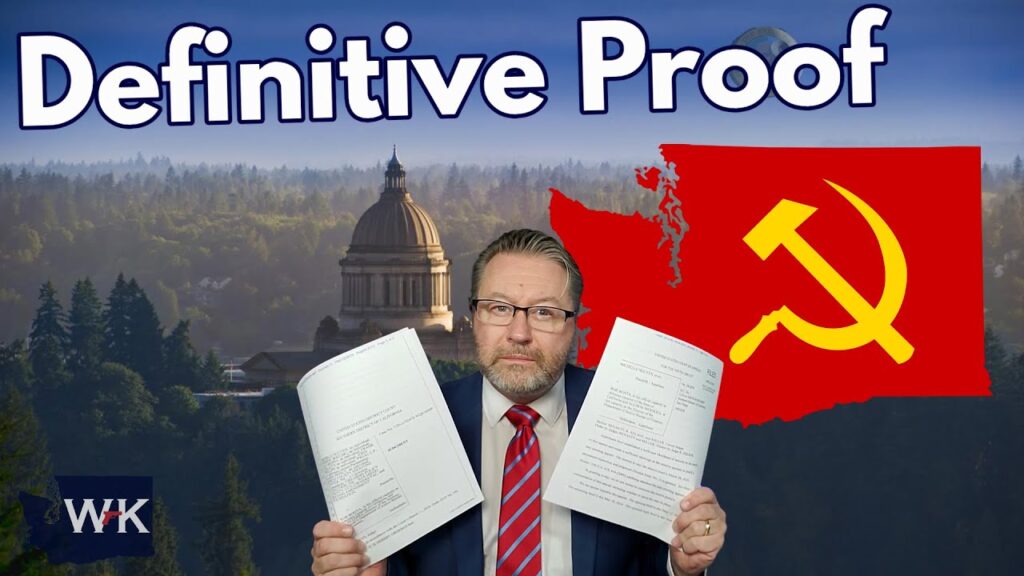 A man in a suit holds papers with a concerned expression. Behind him, there's an image of a state capitol building and a red flag with a hammer and sickle. The words "Definitive Proof" are displayed at the top.