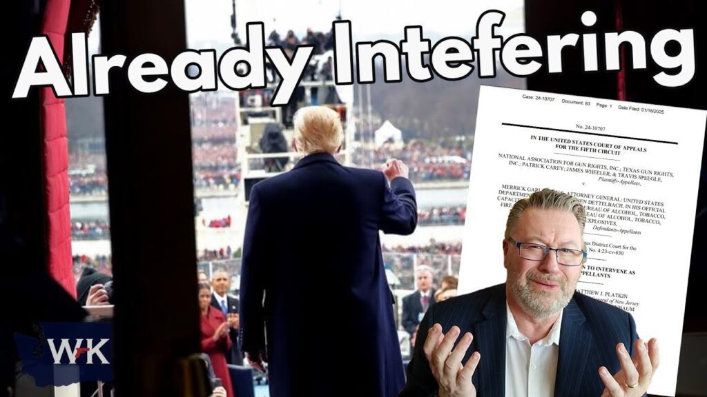 A man with glasses and a beard gestures with his hands in front of a document. Behind him, another man waves to a crowd at an outdoor event. Text reads, "Already Intefering.