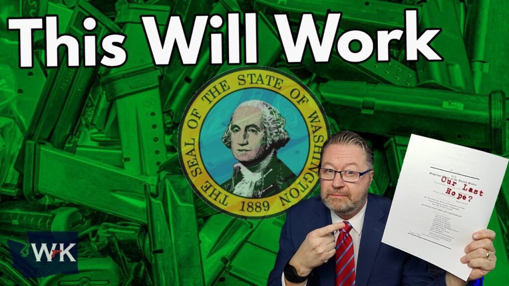 Man in a suit pointing to a document titled "Our Last Hope?" with a background of guns and the Washington State seal. Large text reads "This Will Work" at the top.