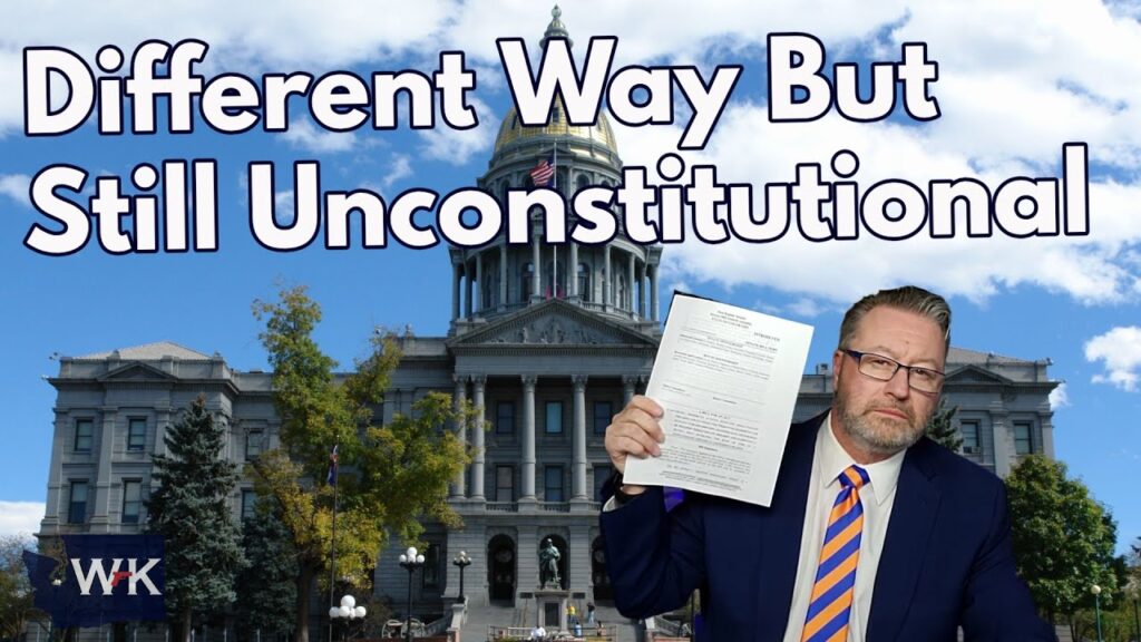 A man in a suit holds a document in front of a large, classical-style building with a dome. The sky is blue with clouds. Text at the top reads, "Different Way But Still Unconstitutional.