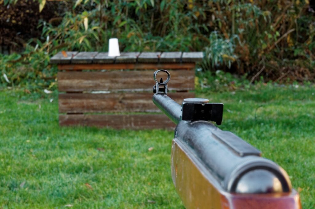 A rifle is pointed towards a small white target placed on a wooden box in a grassy yard, with greenery in the background.