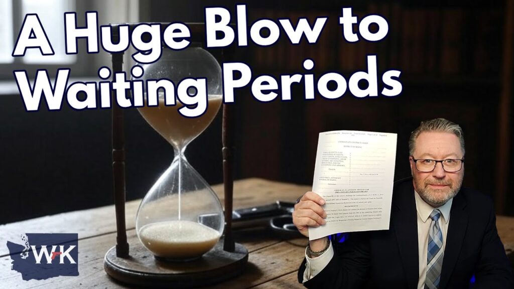 A man in a suit holds a document while sitting at a table with an hourglass. The text "A Huge Blow to Waiting Periods" is displayed prominently.