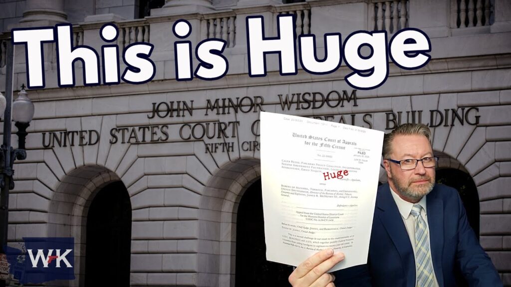 A person in a suit holds up a document in front of a building labeled "John Minor Wisdom United States Court of Appeals Building Fifth Circuit." The text "This is Huge" appears above. A logo "WK" is in the bottom left corner.