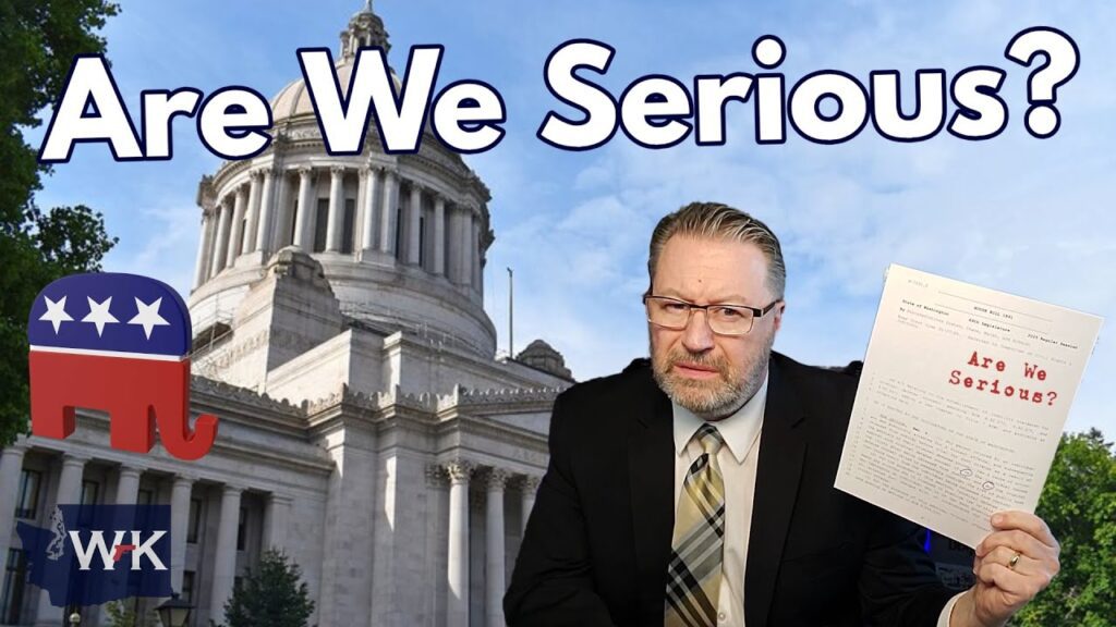 Man in a suit holding a document that says "Are we Serious?" A large text "Are We Serious?" is displayed above. The Republican elephant symbol is on the lower left. A classical domed building is in the background under a blue sky.