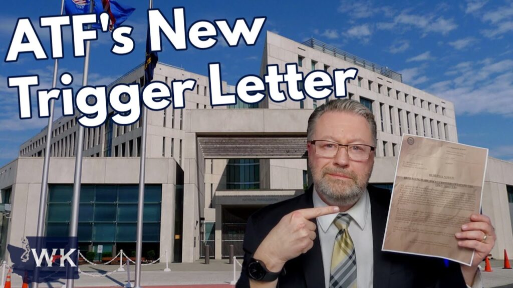 A man in a suit points to a letter he's holding, standing in front of a government building. The text reads, "ATF's New Trigger Letter." The scene is set against a blue sky with flags visible in the background.