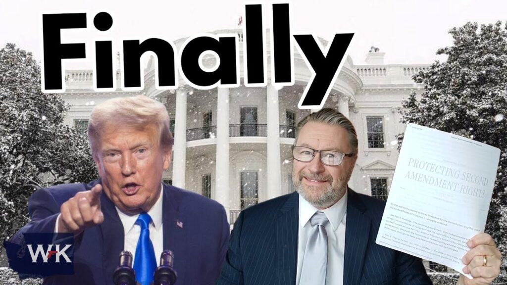 Two men in suits are in front of a snowy White House. The word "Finally" is written above. One man is holding a document titled "Protecting Second Amendment Rights," while the other is gesturing with his hand.
