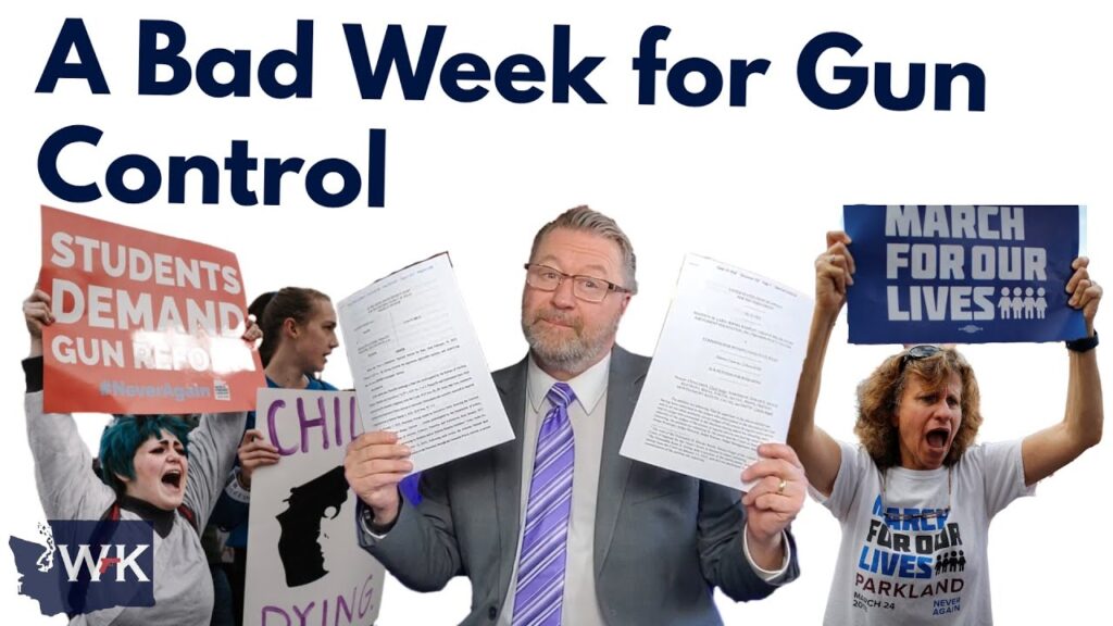 A man in a suit holds documents, surrounded by activists holding signs advocating for gun control. Signs include "Students Demand Gun Reform" and "March for Our Lives." The text at the top reads, "A Bad Week for Gun Control.