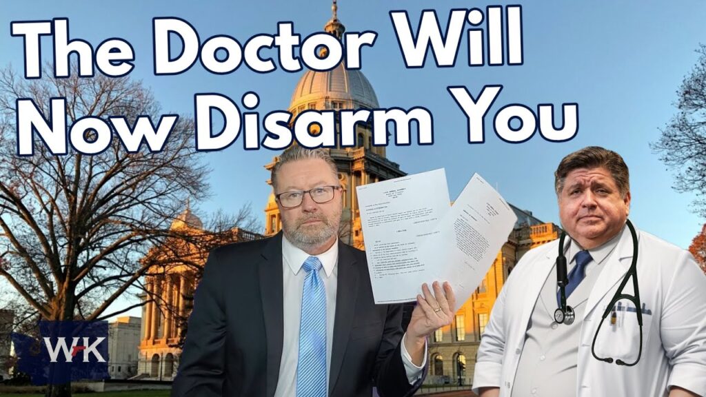 A man in a suit holds up documents. Another man in a doctor's coat stands nearby. They are both in front of a large building with a dome. Text reads "The Doctor Will Now Disarm You." Trees frame the scene.