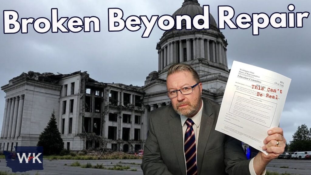 A man in a suit holds a document with "This can't be real" written on it. He stands in front of a damaged government building under a cloudy sky. The text "Broken Beyond Repair" is at the top of the image.
