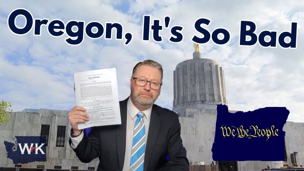 Man in a suit holding a document stands in front of the Oregon State Capitol building. The text above reads "Oregon, It's So Bad." A map of Oregon with the words "We the People" is visible. Sky and clouds are in the background.